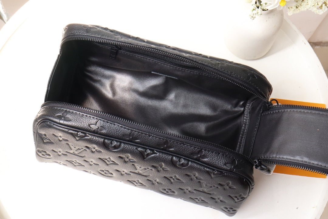 Louis Vuitton Luxury Black Embossed Monogram Dopp Kit Travel Toiletry Bag