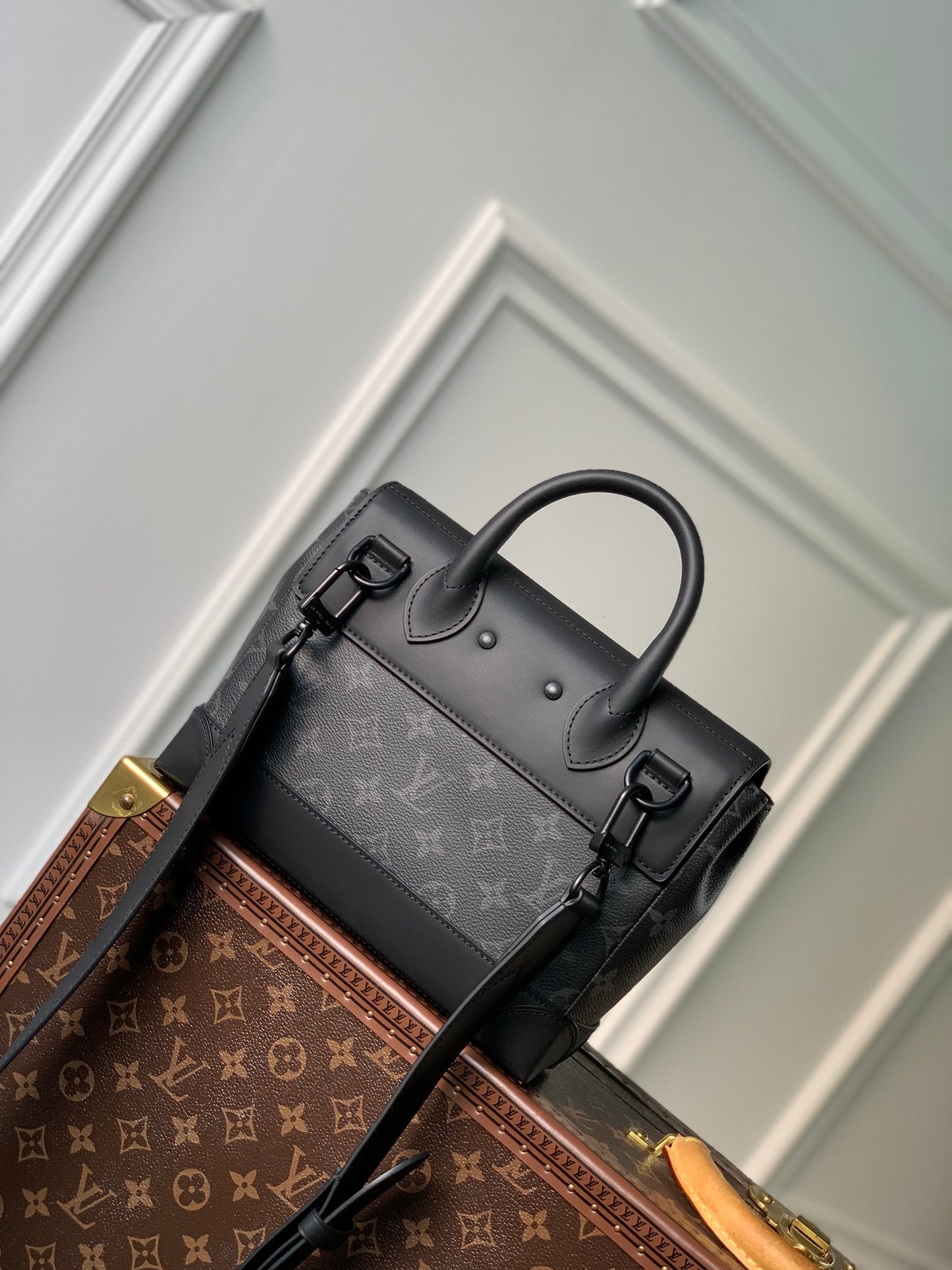 Louis Vuitton Black Monogram Pattern Canvas Crossbody Handbag with Top Handle