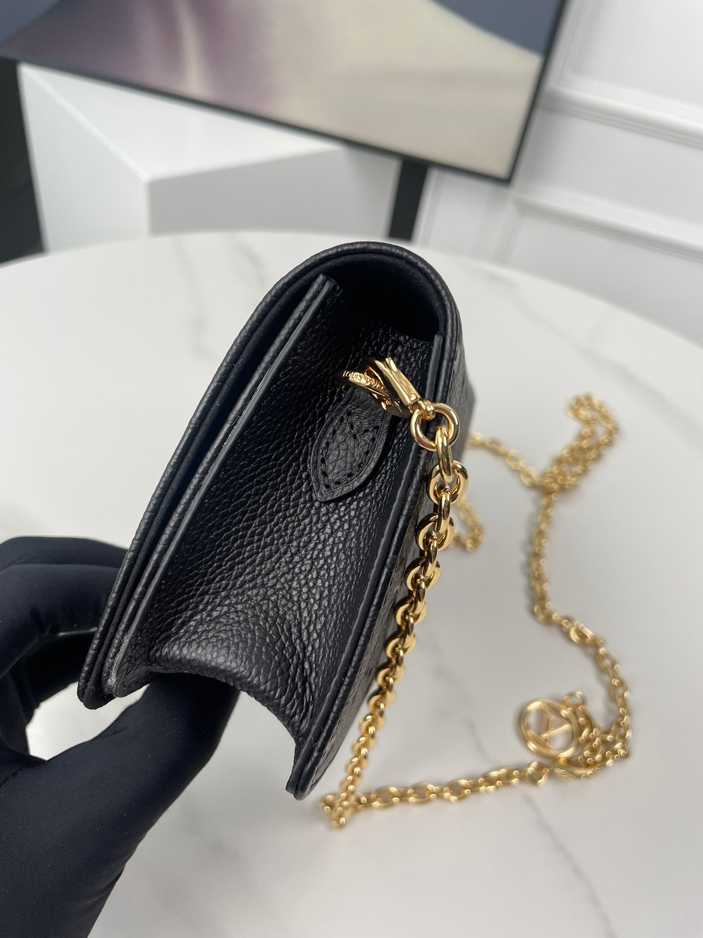 Louis Vuitton Black Embossed Monogram Leather Wallet on Chain Clutch