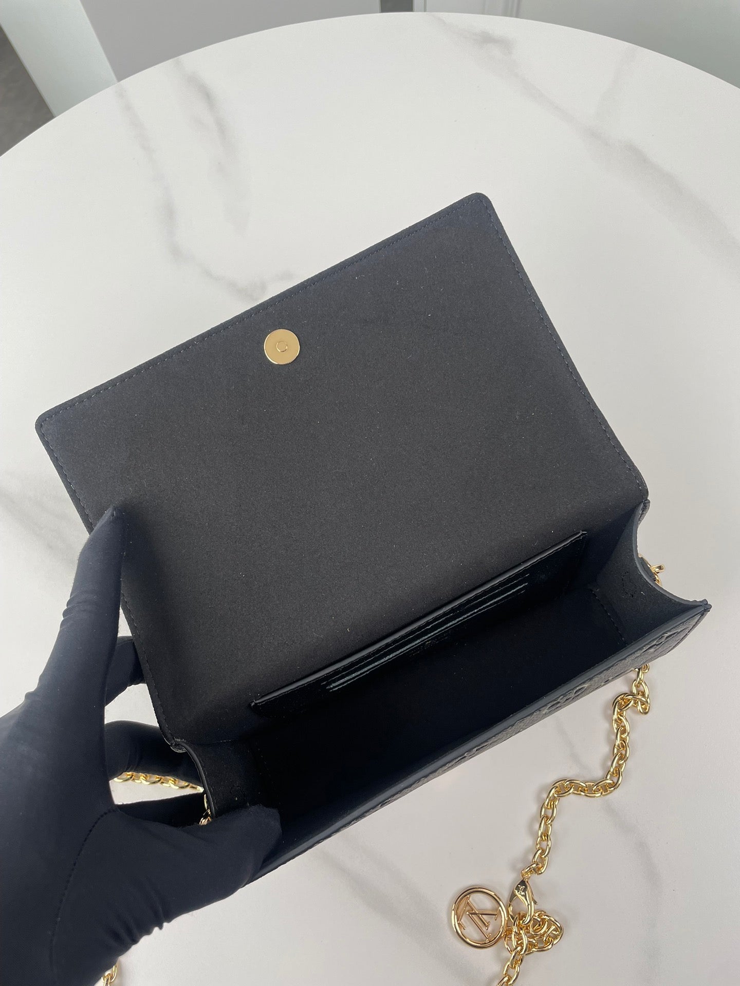 Louis Vuitton Black Embossed Monogram Leather Wallet on Chain Clutch