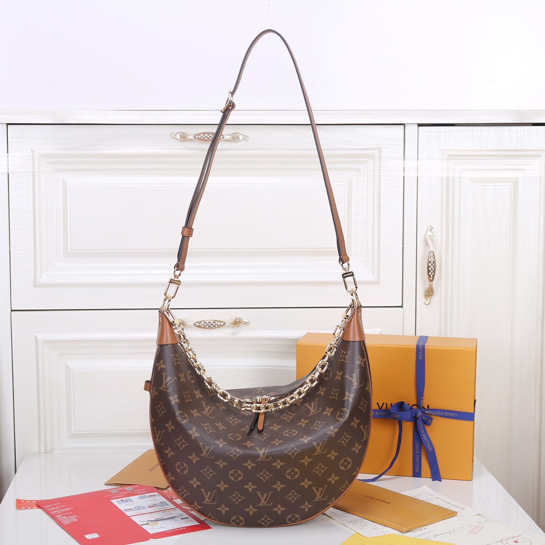 Louis Vuitton Classic Brown Monogram Crescent Shoulder Bag with Gold Chain