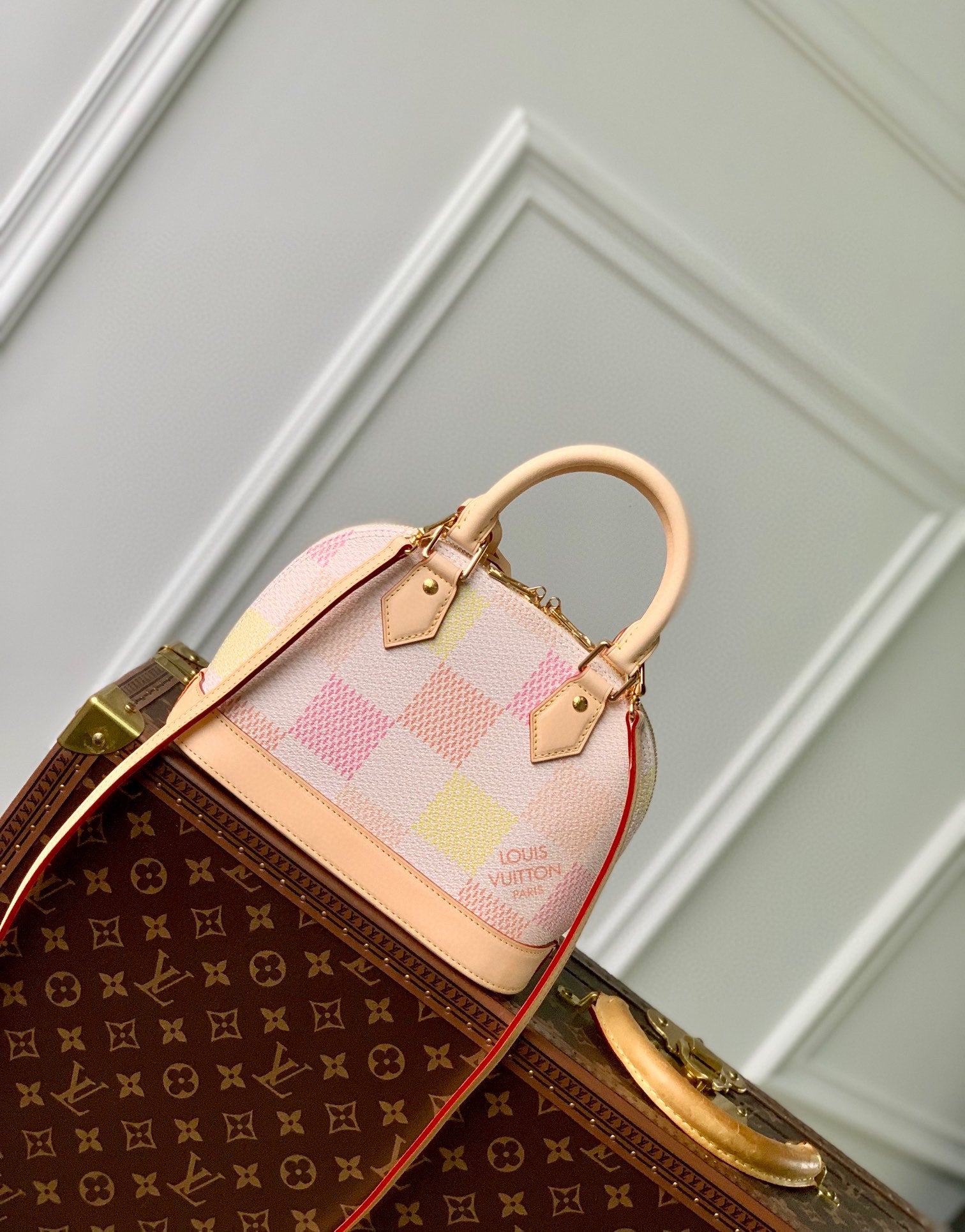 Louis Vuitton Elegant Pastel Checkered Dome Handbag with Leather Top Handle