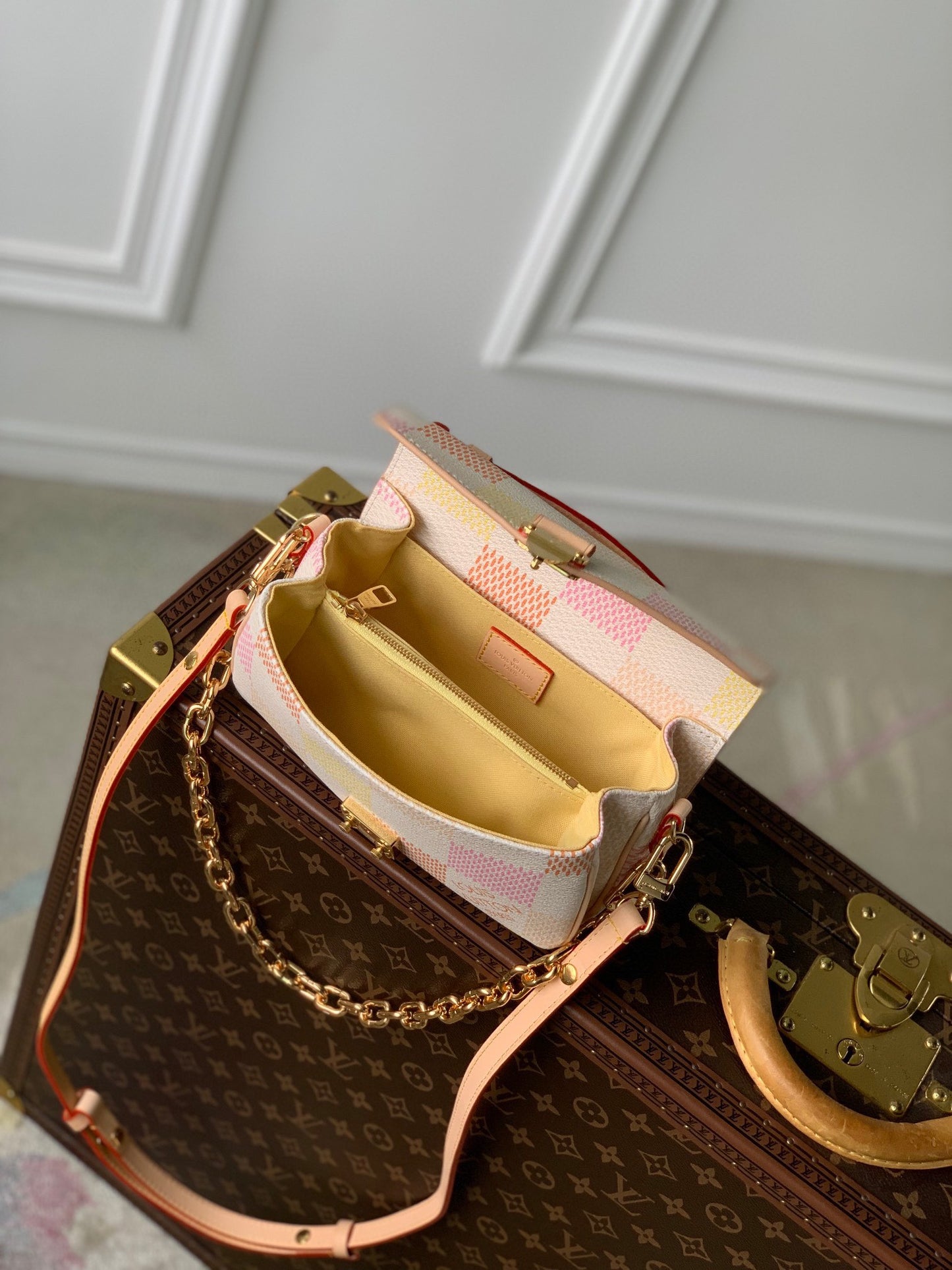 Louis Vuitton Elegant Pastel Checkered Crossbody Handbag with Gold Clasp