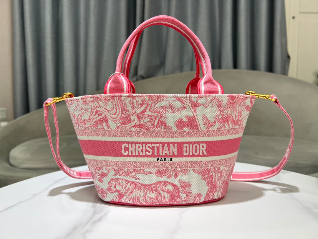 Dior Pink Embroidered Toile de Jouy Canvas Tote Bag with Strap