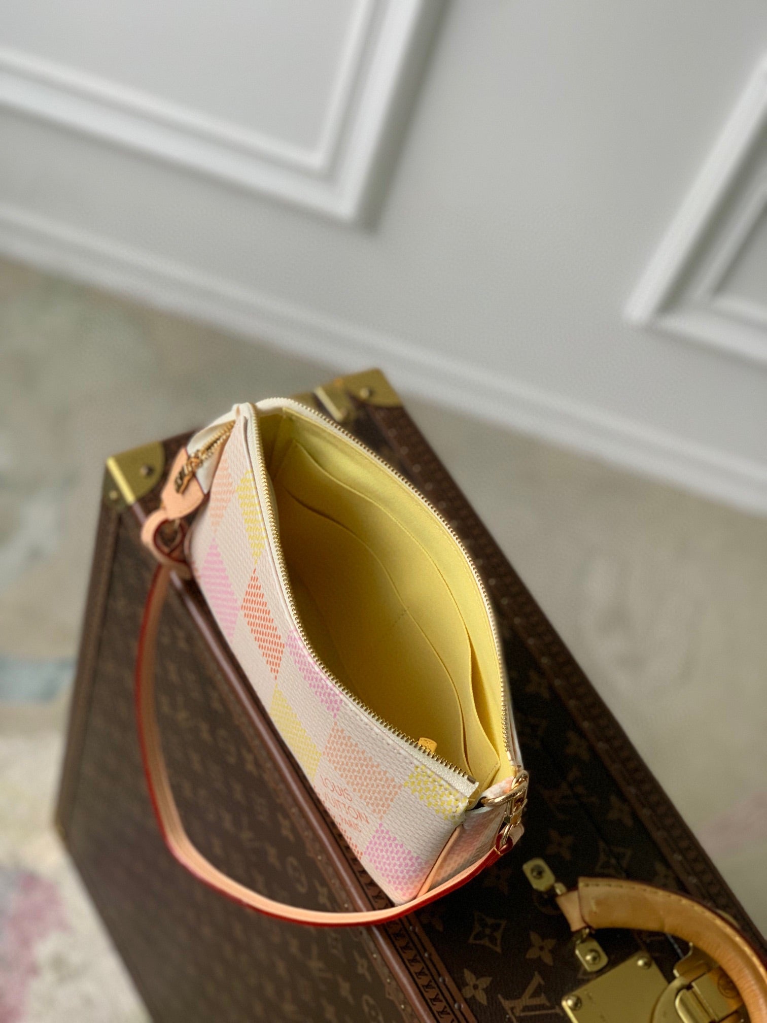 Louis Vuitton Pastel Checkered Canvas Pochette Bag with Gold Chain Strap