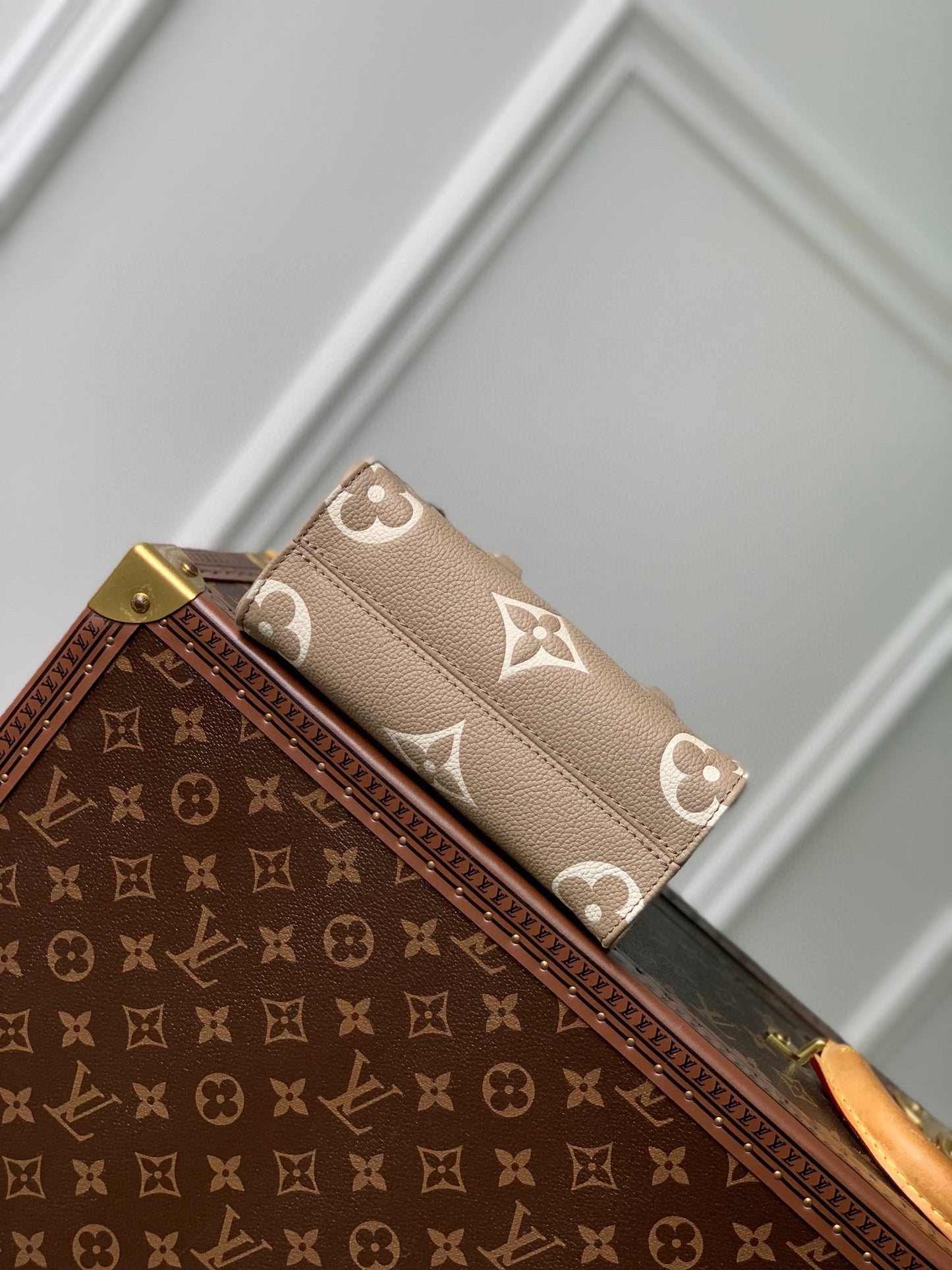 Louis Vuitton Elegant Taupe Embossed Leather Mini Tote Bag with Top Handles