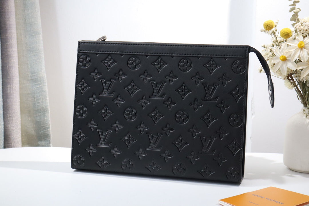 Louis Vuitton Elegant Black Embossed Monogram Leather Zip Clutch Pouch