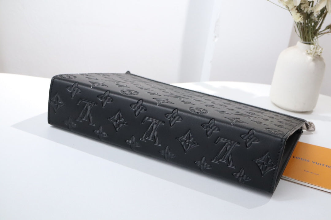 Louis Vuitton Elegant Black Embossed Monogram Leather Zip Clutch Pouch