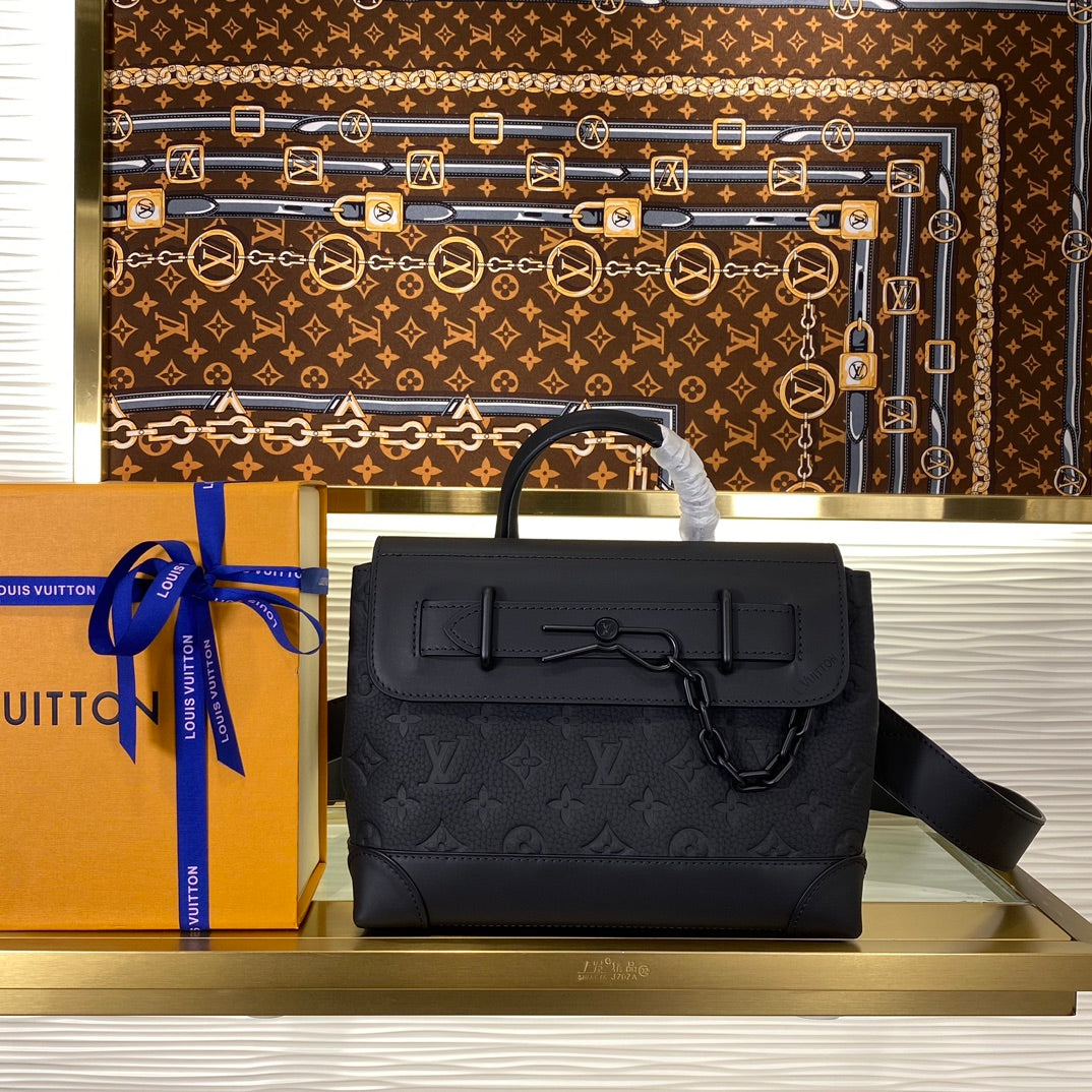 Louis Vuitton Elegant Black Monogram Embossed Leather Satchel Crossbody Bag