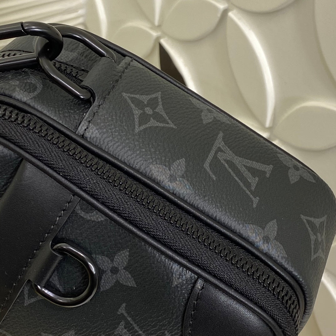 Louis Vuitton Black Monogram Pattern Crossbody Messenger Bag with Wide Strap