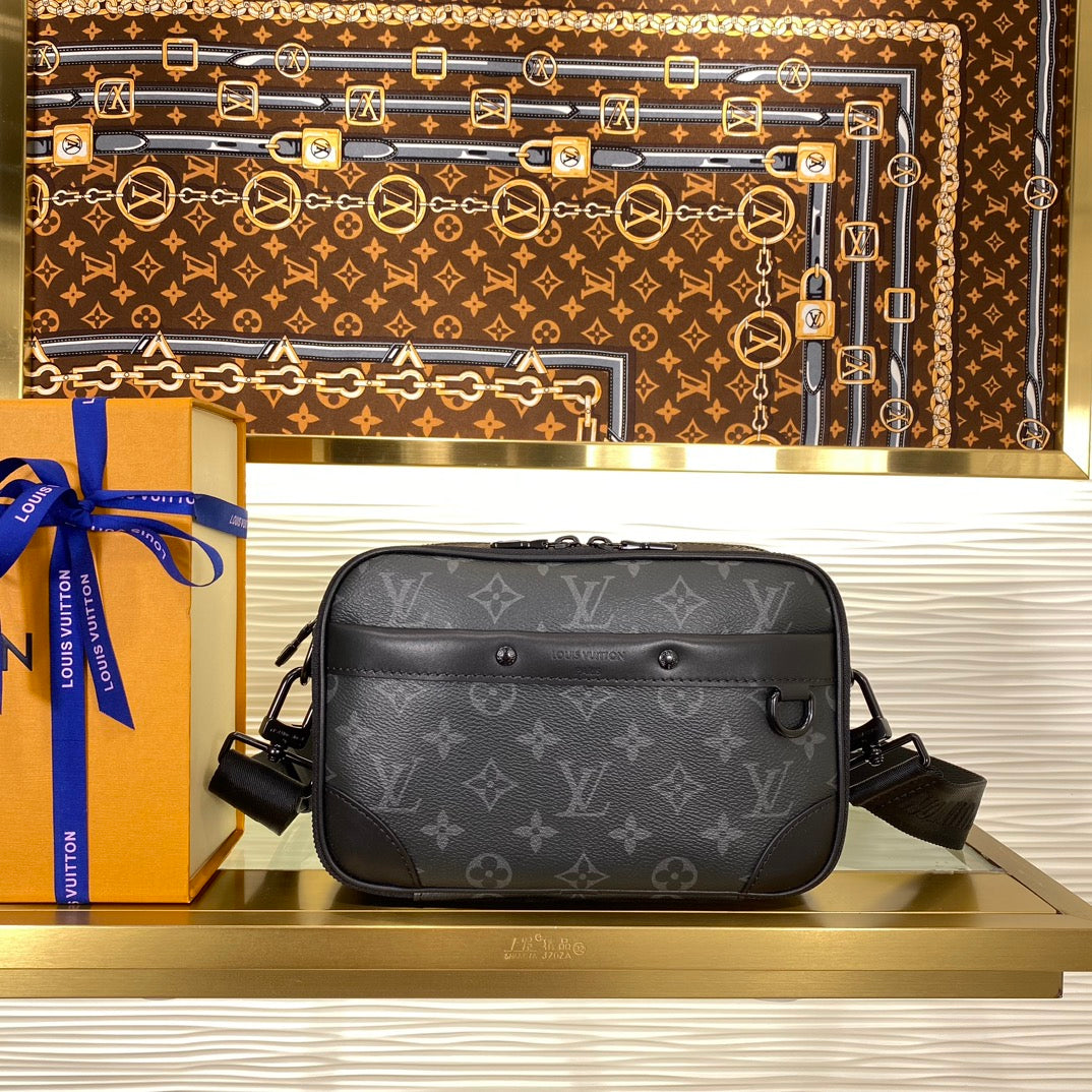 Louis Vuitton Black Monogram Pattern Crossbody Messenger Bag with Wide Strap