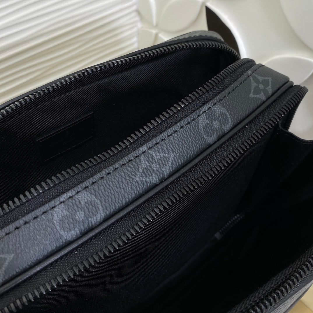 Louis Vuitton Black Monogram Pattern Crossbody Messenger Bag with Wide Strap