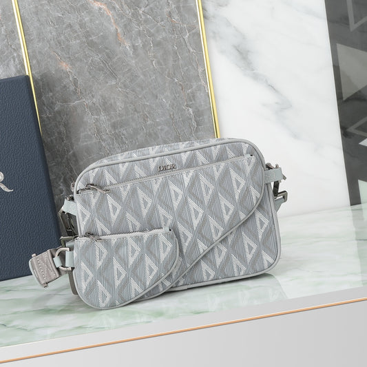 Dior Grey Geometric Print Crossbody Shoulder Bag with Detachable Pouch