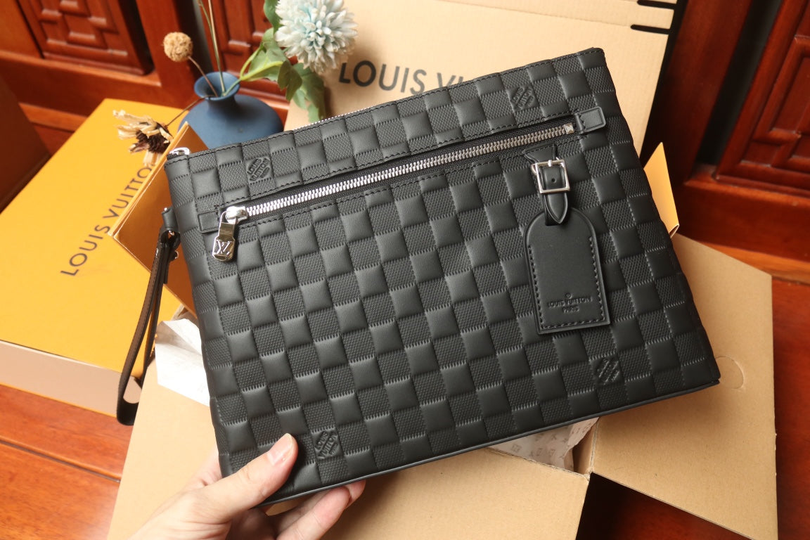 Louis Vuitton Black Checkerboard Embossed Leather Wristlet Clutch Bag