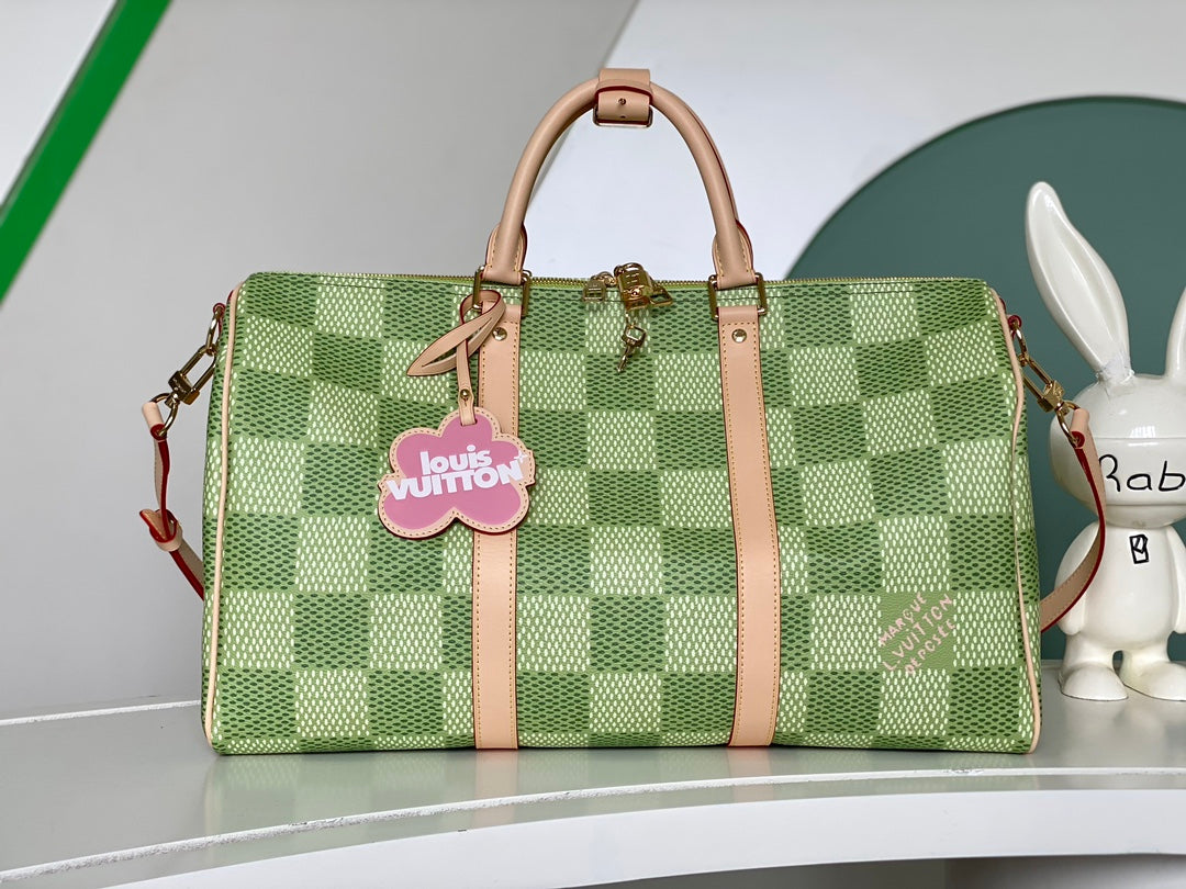 Louis Vuitton Classic Green Checkerboard Travel Duffle Bag with Leather Trim
