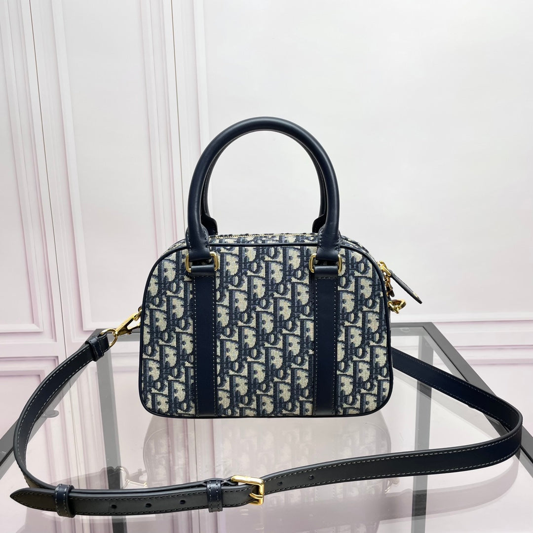 Dior Navy Blue Oblique Monogram Canvas Bowling Bag with Top Handles
