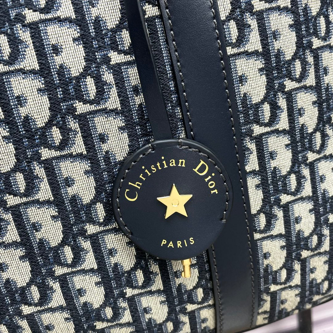 Dior Classic Navy Blue Monogram Canvas Satchel Bag with Top Handles