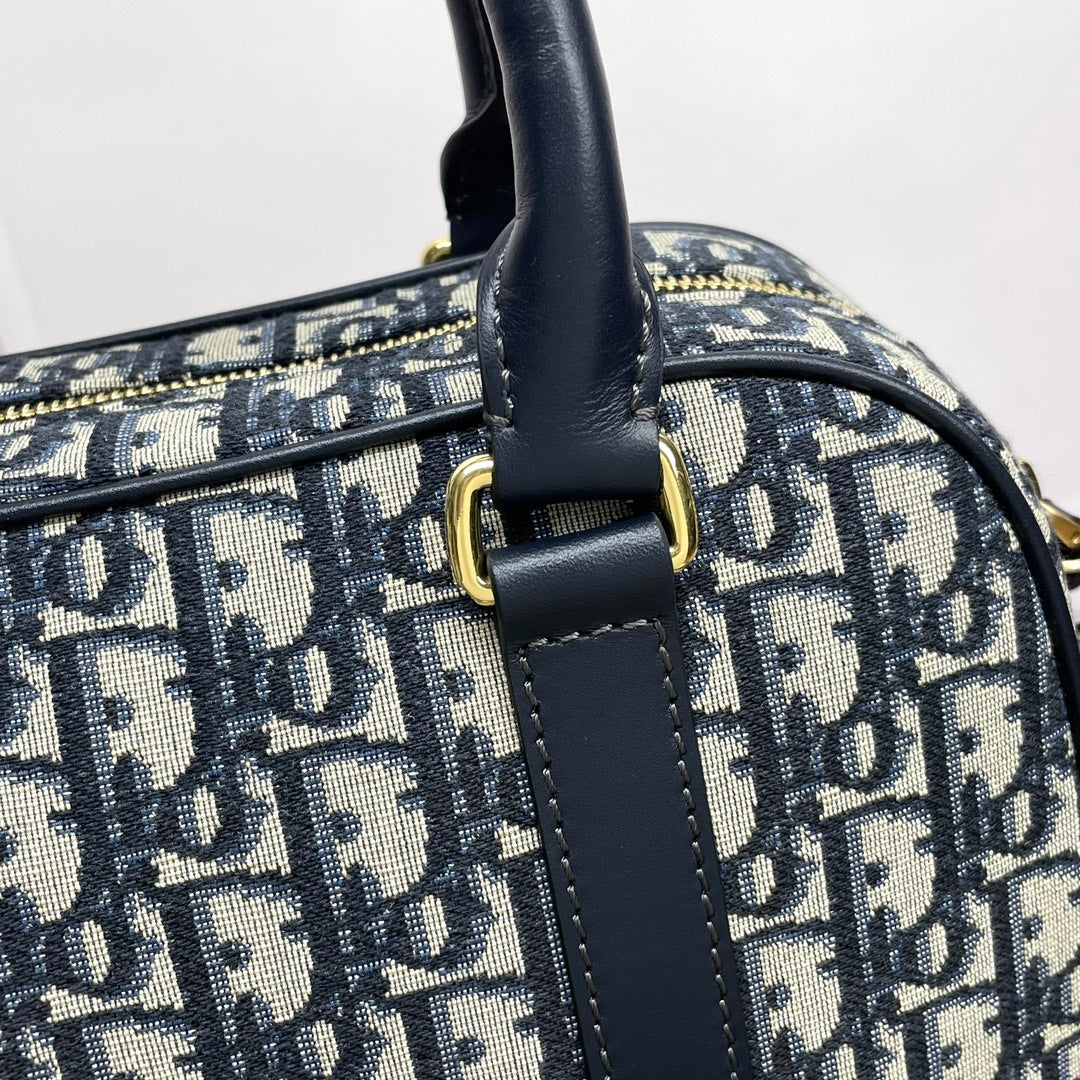 Dior Classic Navy Blue Monogram Canvas Satchel Bag with Top Handles