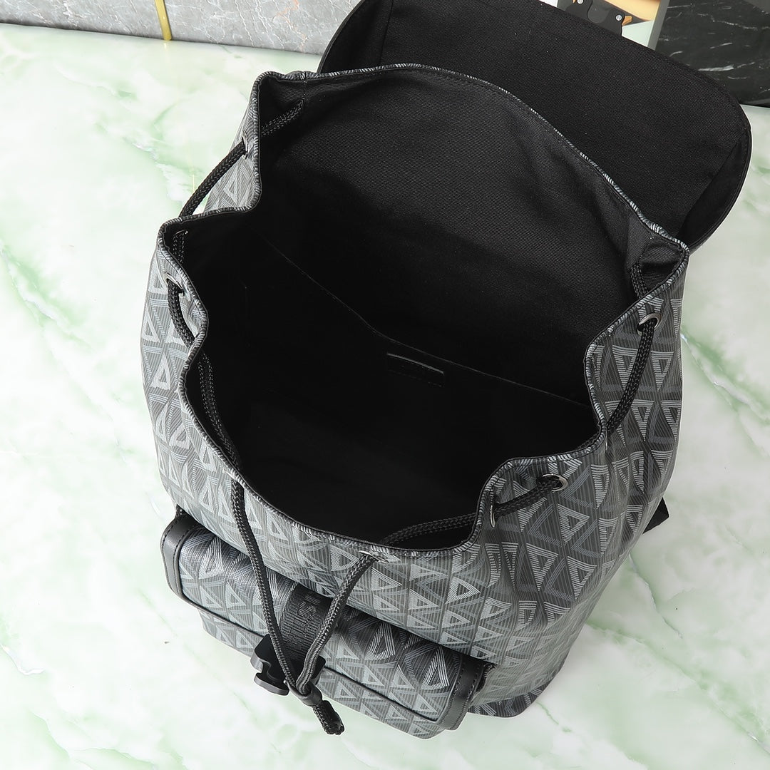 Dior Grey Geometric Diamond Print Flap Backpack with Buckle Strap