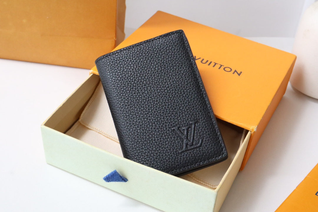 Louis Vuitton Minimalist Black Pebbled Leather Slim Card Holder Wallet