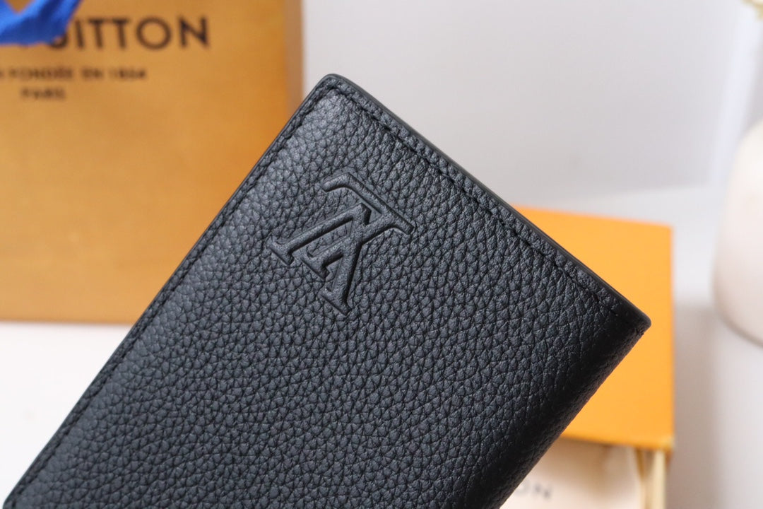 Louis Vuitton Minimalist Black Pebbled Leather Slim Card Holder Wallet