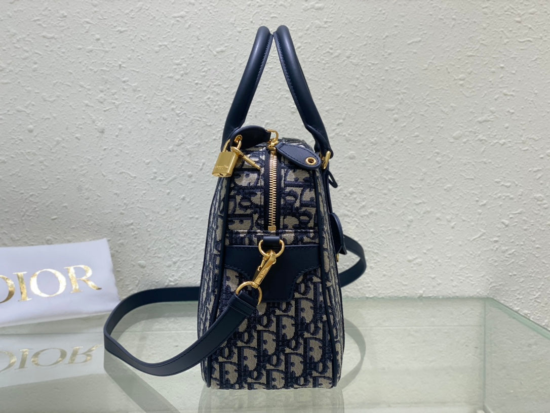 Dior Navy Blue Monogram Canvas Top Handle Satchel with Shoulder Strap