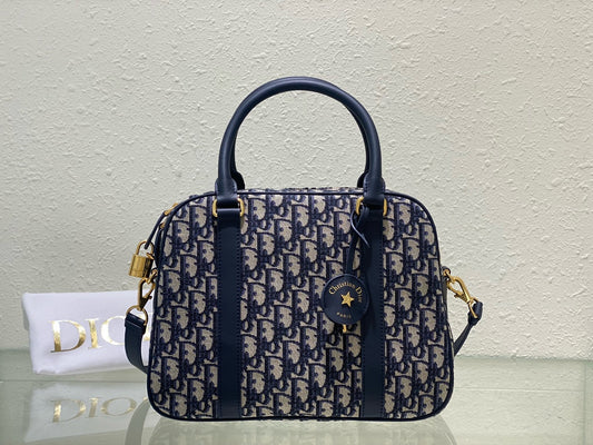 Dior Vintage Navy Blue Patterned Canvas Satchel Shoulder Bag