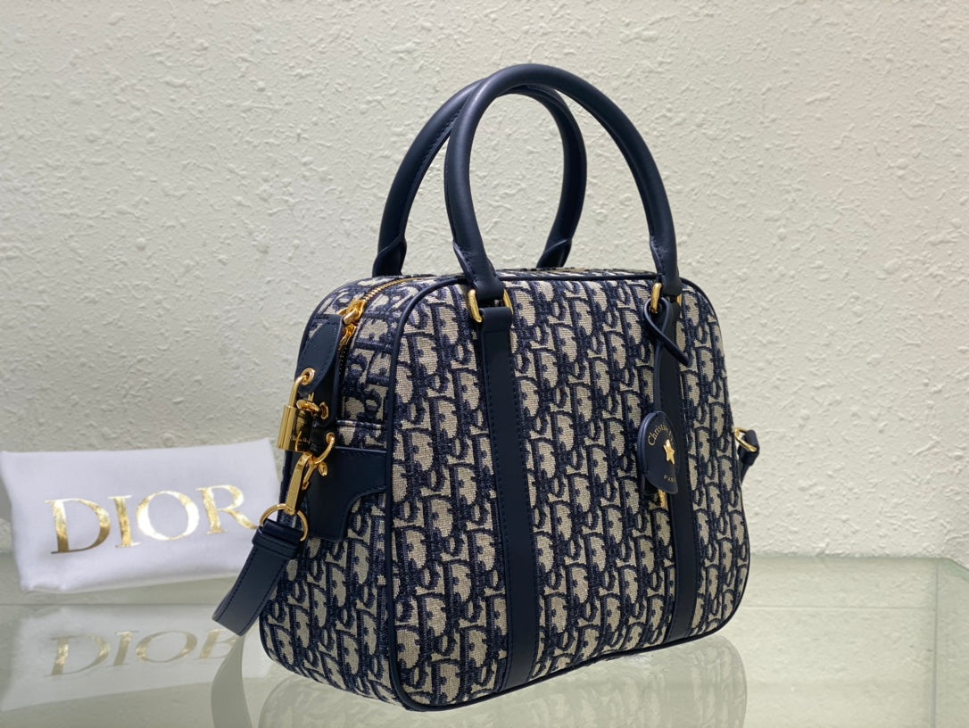 Christian Dior Blue Oblique Jacquard Medium Vibe Bowling Bag