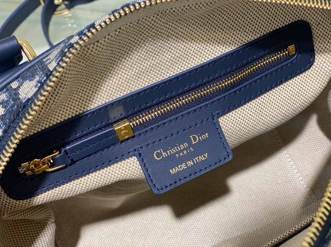 Dior Oblique Canvas Handbag - Navy Blue &amp; Beige Monogram Boston Bag