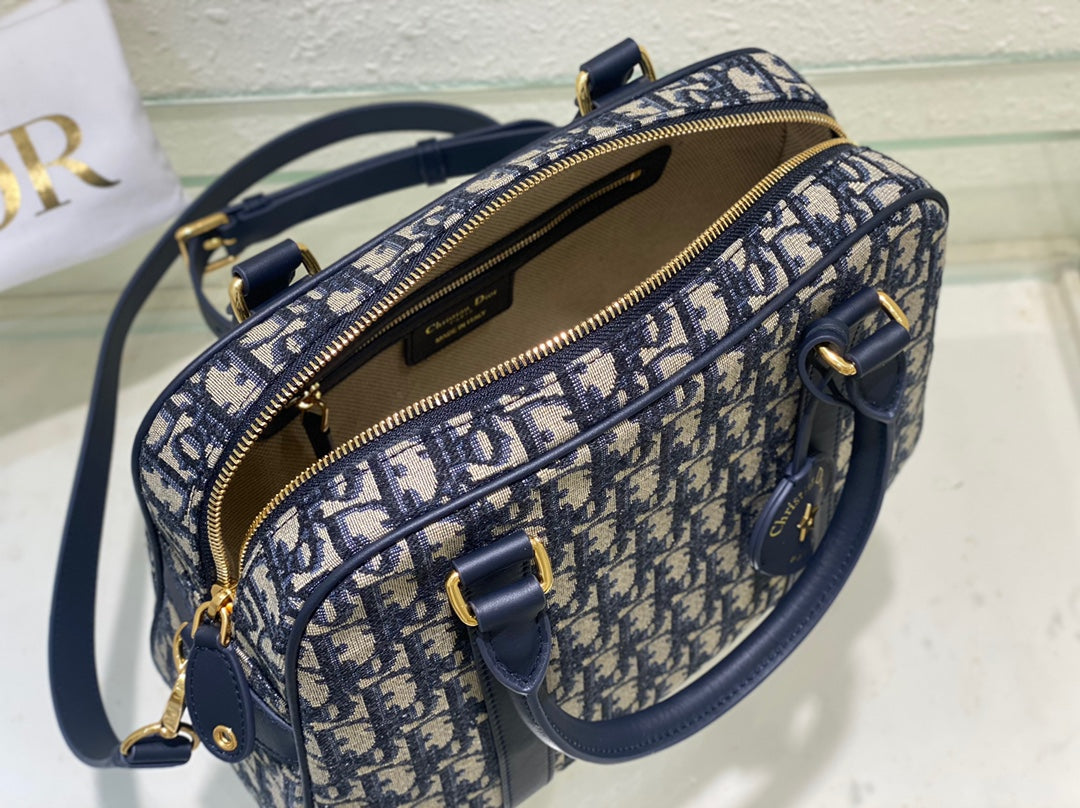 Dior Vintage Navy Blue Patterned Canvas Satchel Shoulder Bag