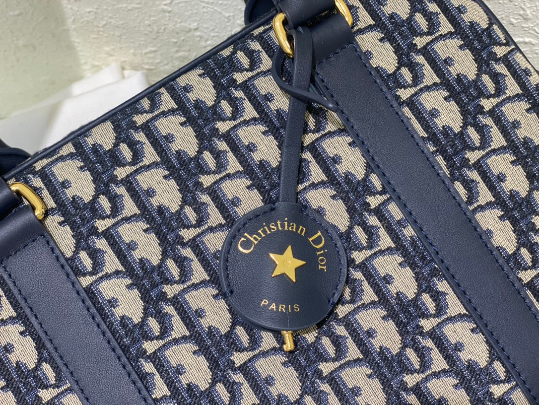 Dior Navy Blue Monogram Canvas Top Handle Satchel with Shoulder Strap