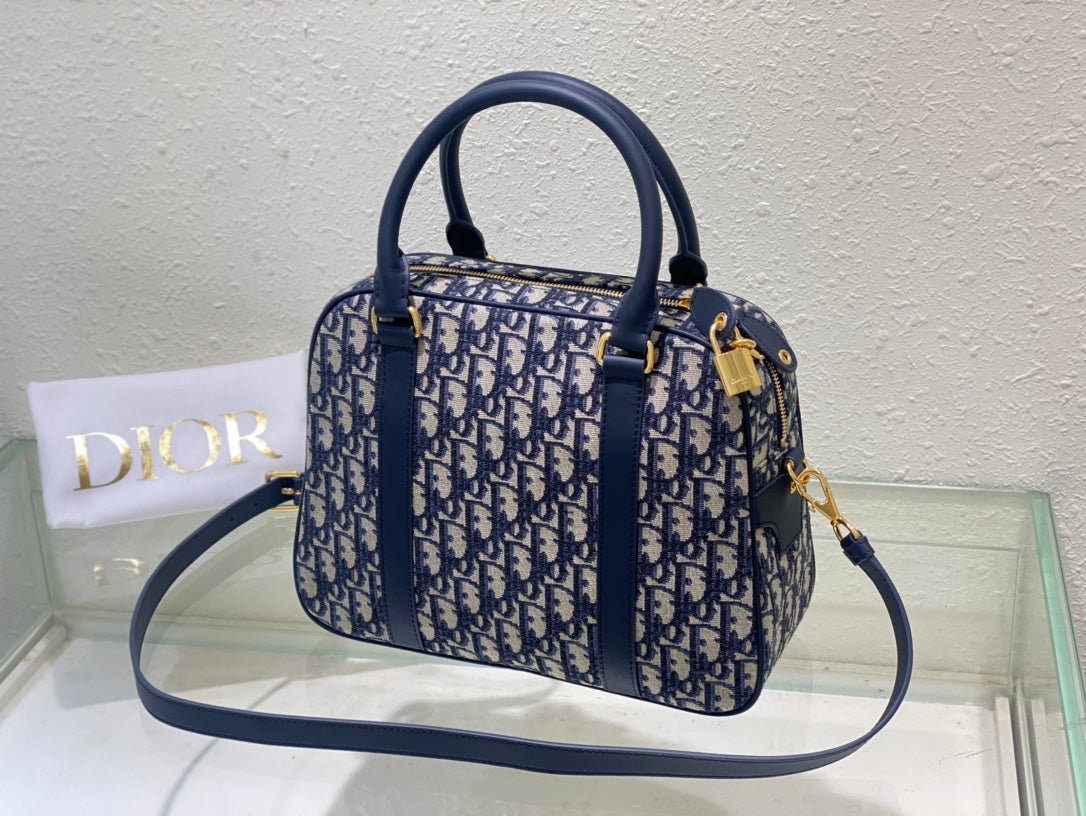 Dior Vintage Navy Blue Monogram Jacquard Bowling Bag with Shoulder Strap