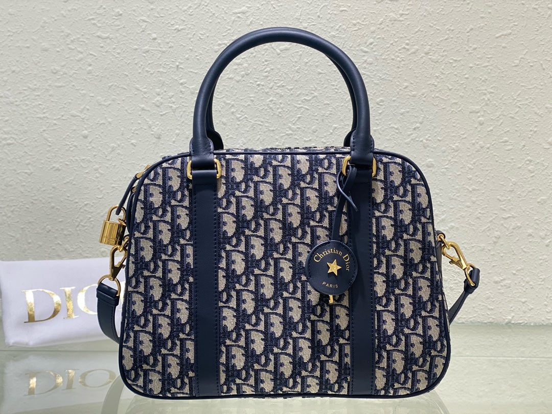Christian Dior Blue Oblique Jacquard Medium Bowling Bag