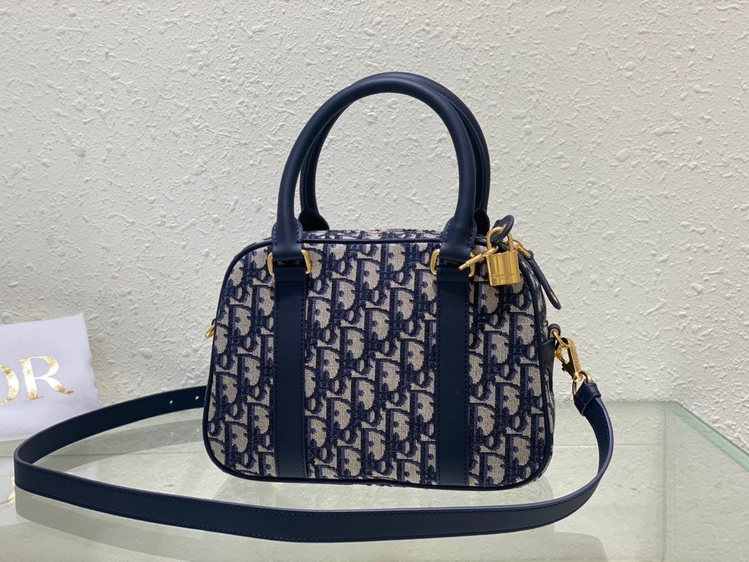 Christian Dior Oblique Mini Bowling Bag Blue Jacquard Top Handle Bag