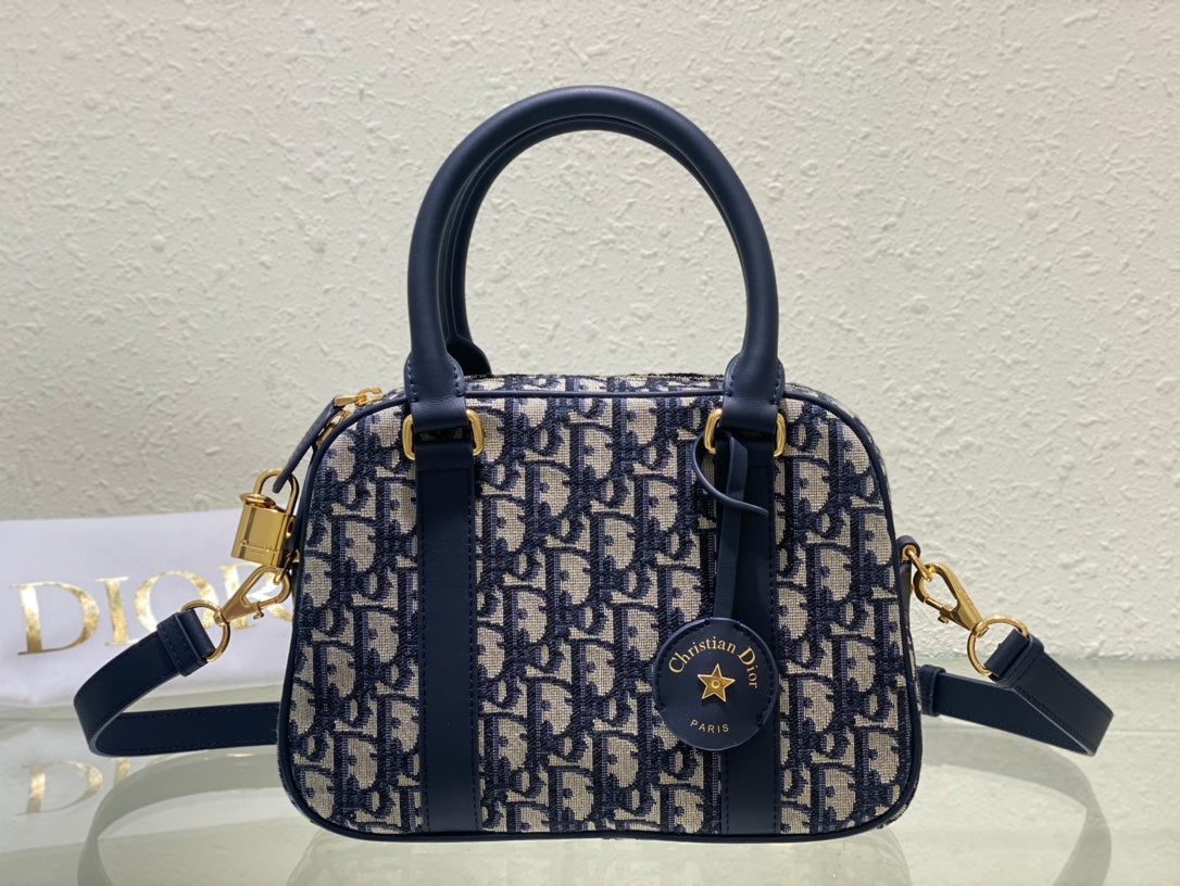 Christian Dior Oblique Jacquard Mini Bowling Bag - Blue Canvas Handbag