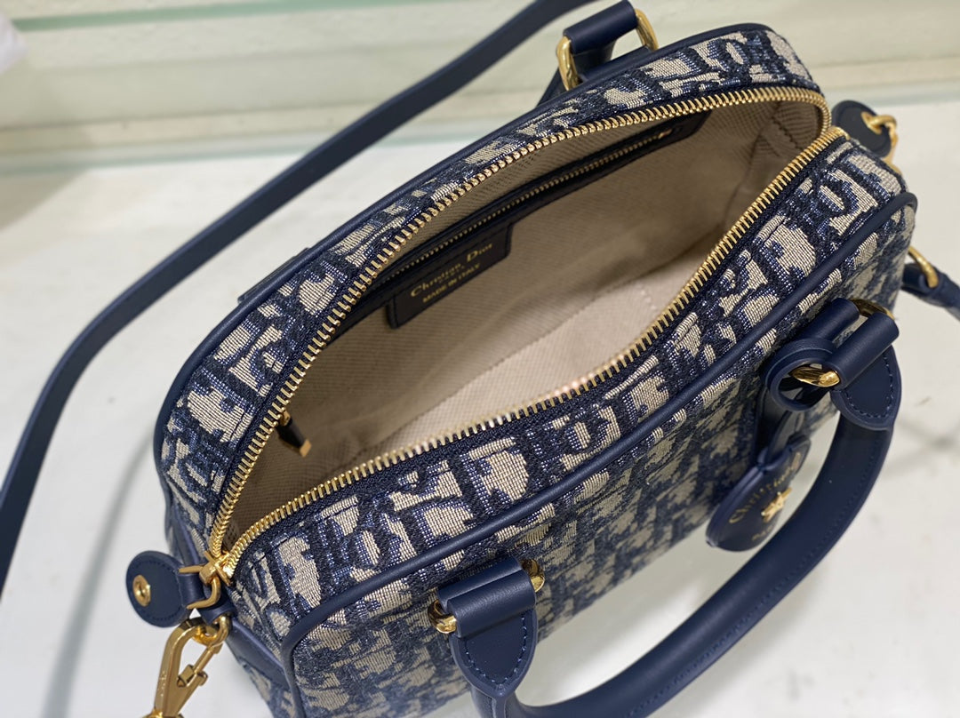 Christian Dior Oblique Mini Bowling Bag Blue Jacquard Top Handle Bag