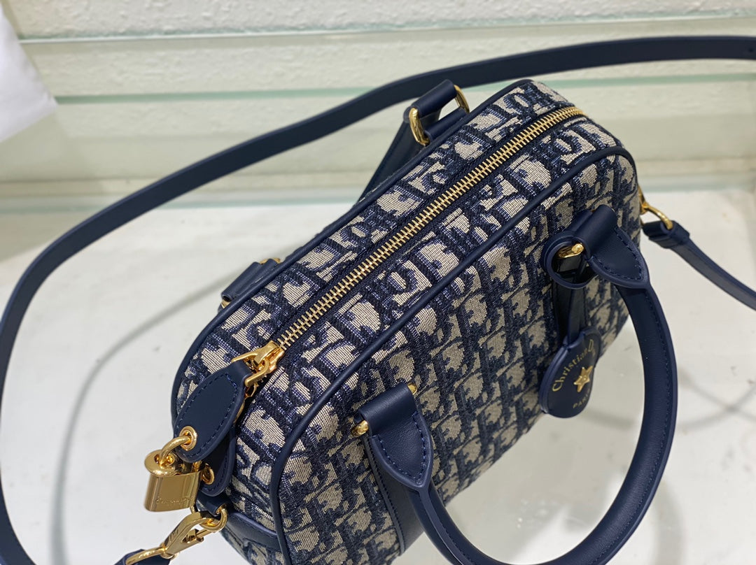 Christian Dior Oblique Jacquard Mini Bowling Bag - Blue Canvas Handbag