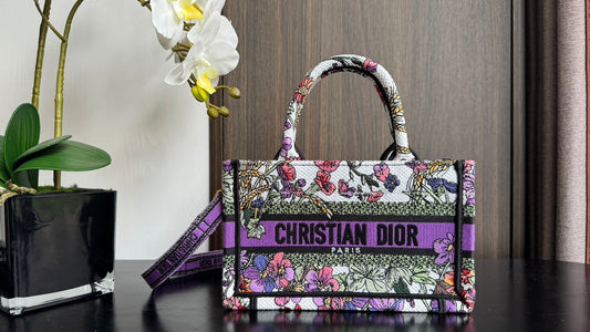 Dior Vintage Purple Floral Embroidered Canvas Mini Tote Bag