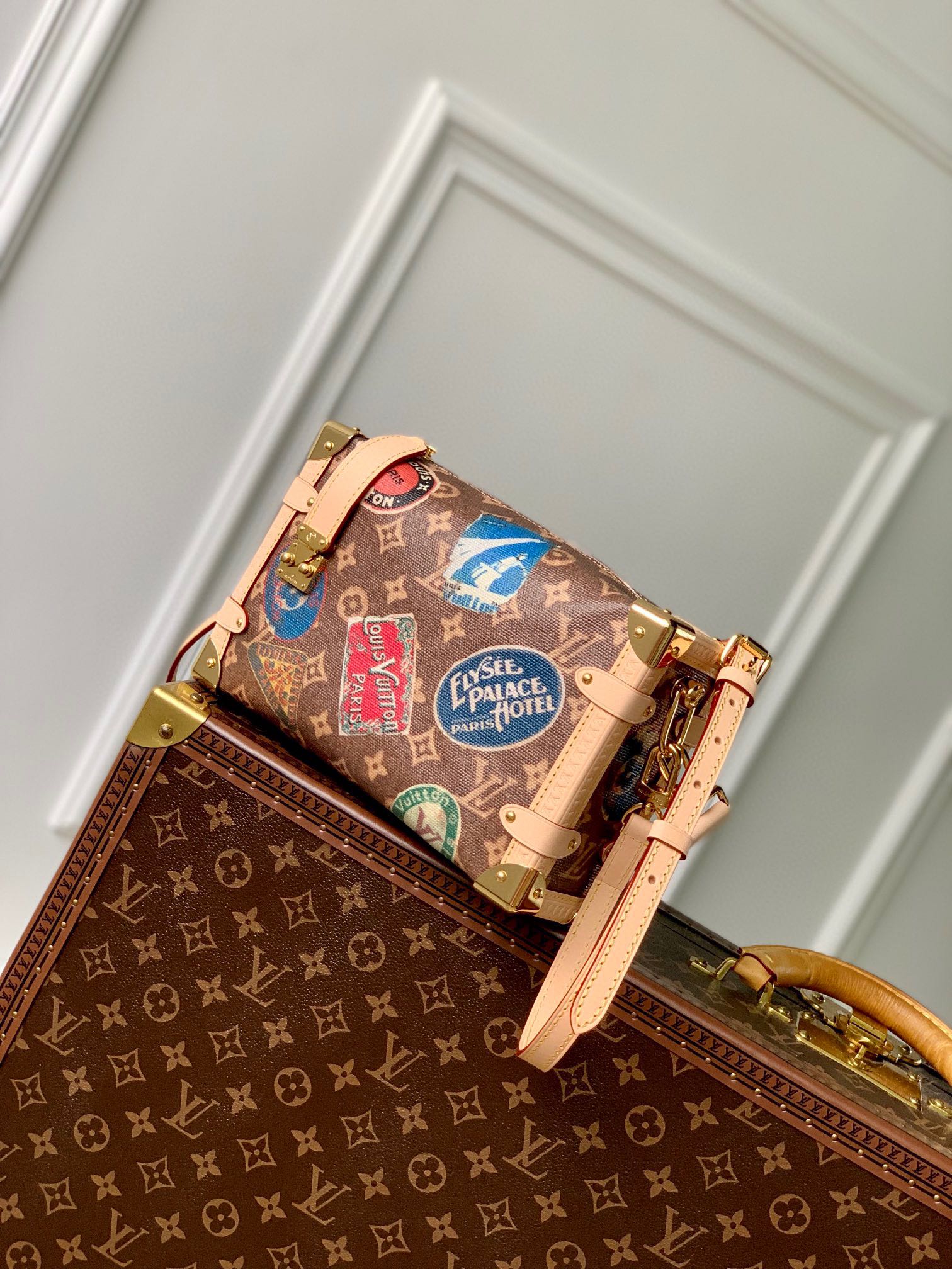 Louis Vuitton Vintage Monogram Mini Trunk Crossbody Bag with Travel Patches