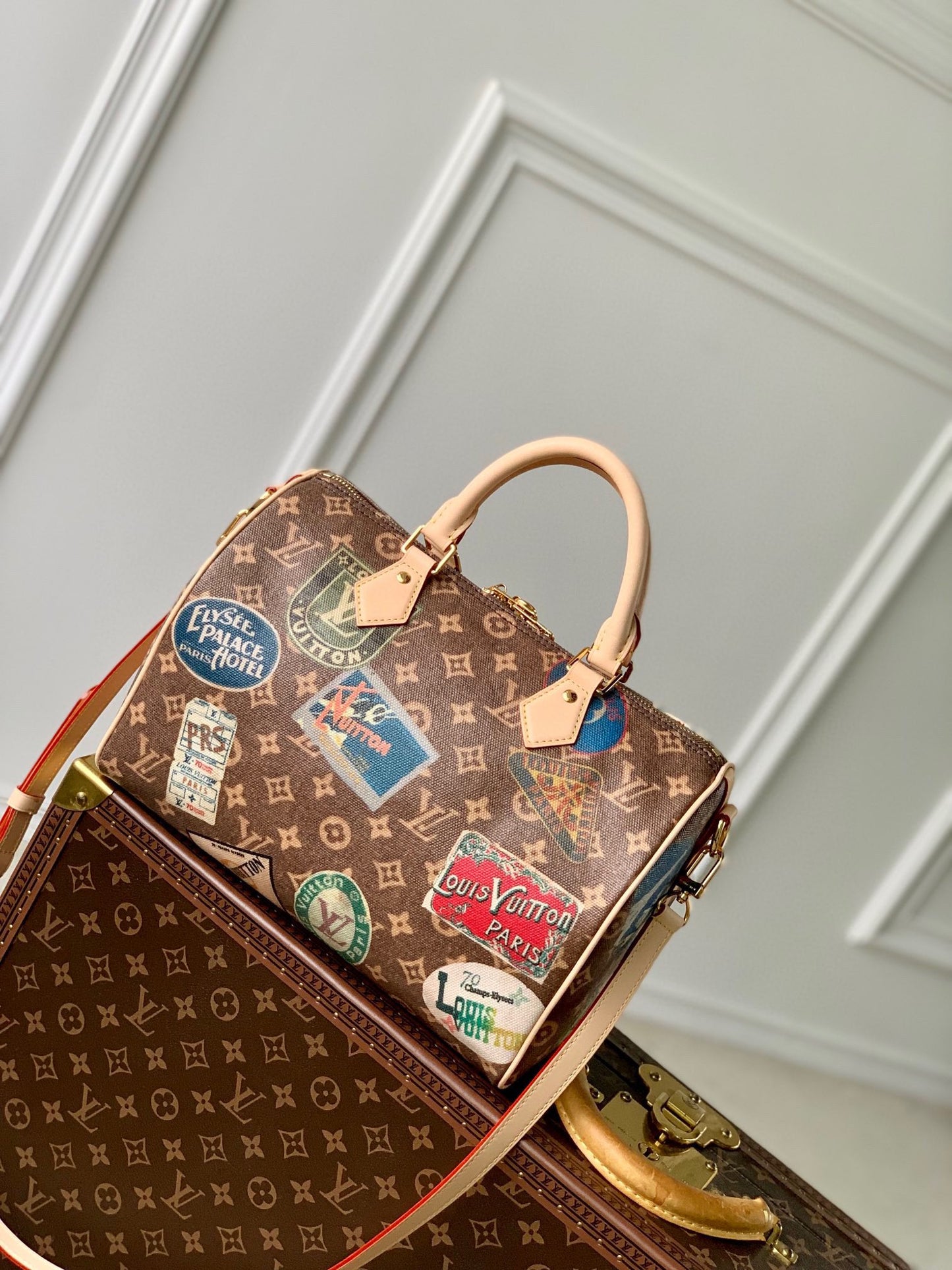 Louis Vuitton Vintage Brown Monogram Satchel Bag with Travel Sticker Print