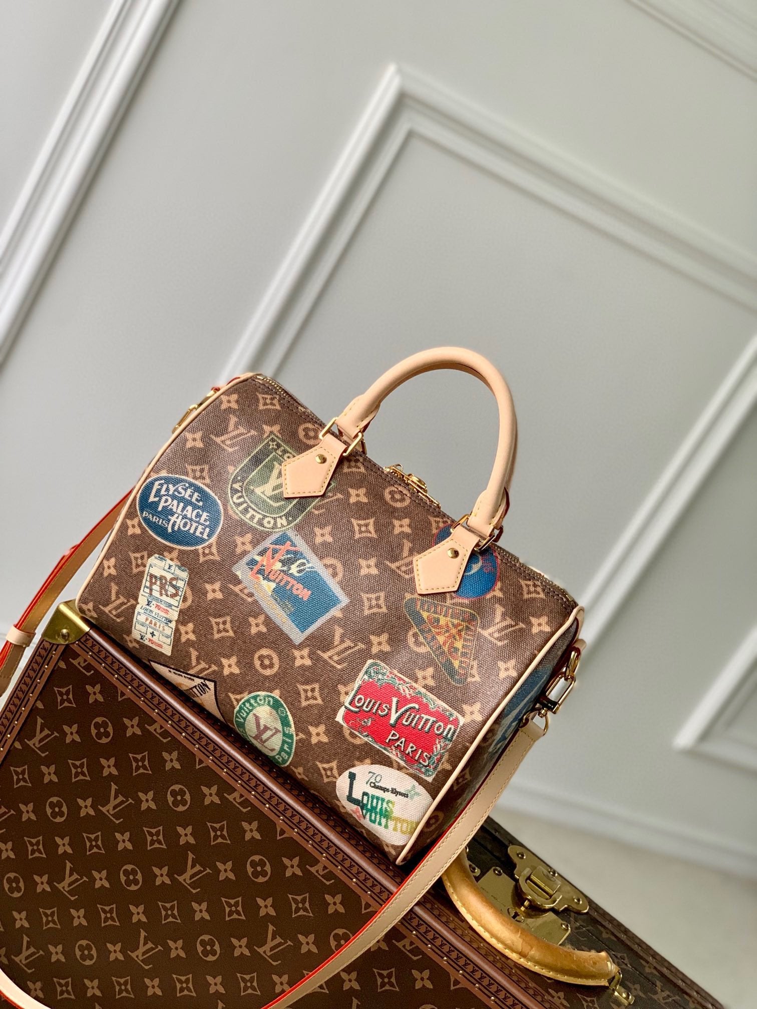 Louis Vuitton Vintage Brown Monogram Satchel Bag with Travel Sticker Print