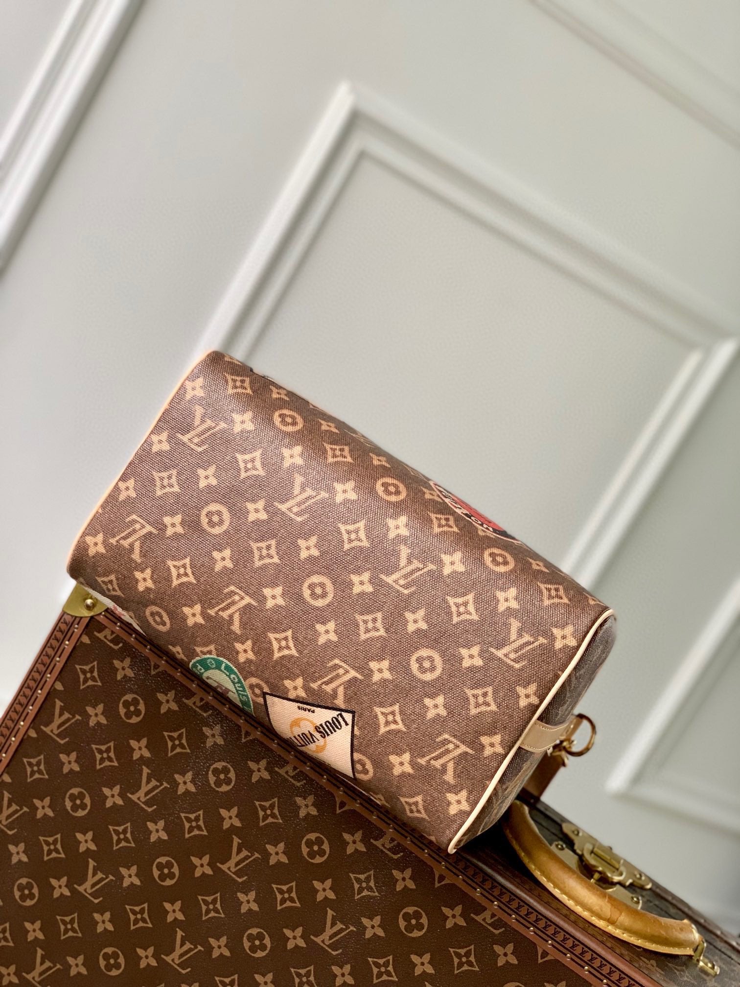 Louis Vuitton Vintage Brown Monogram Satchel Bag with Travel Sticker Print