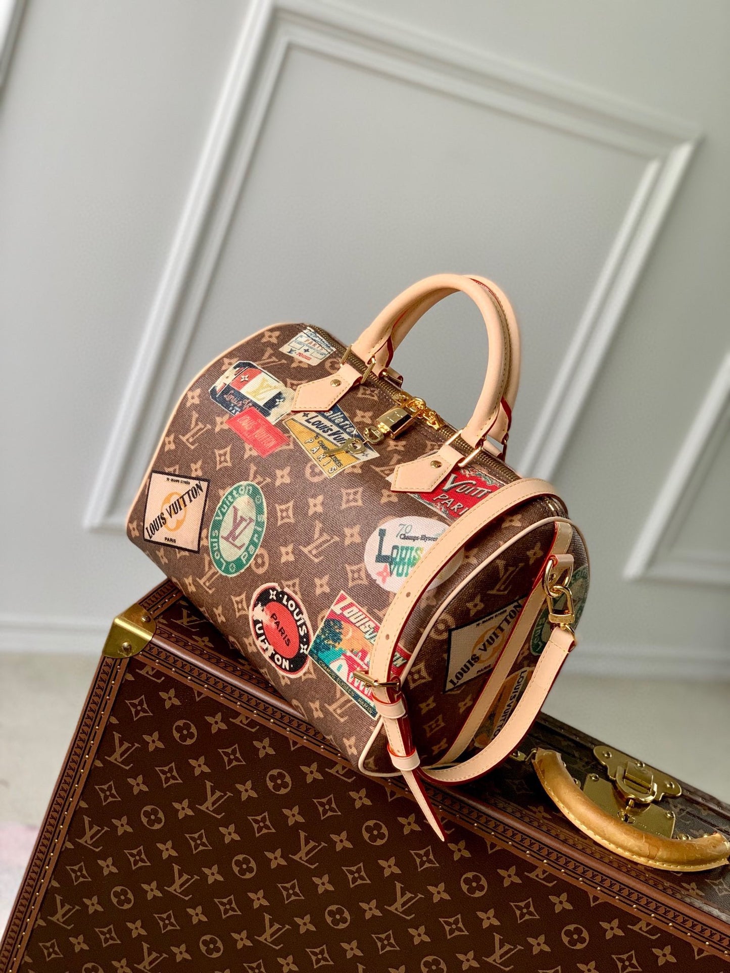 Louis Vuitton Vintage Brown Monogram Satchel Bag with Travel Sticker Print