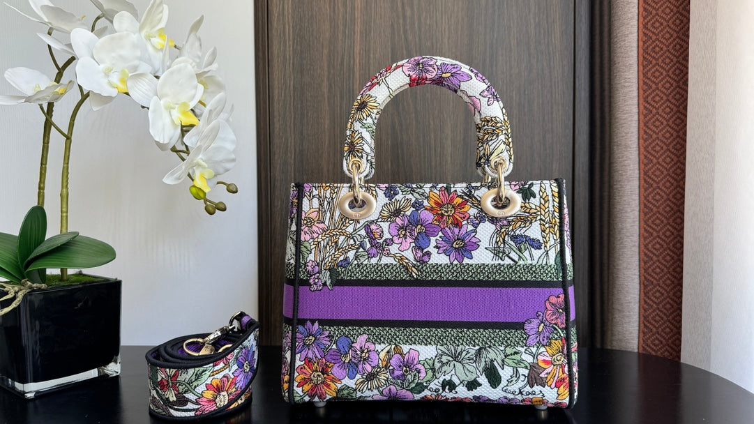 Dior Multicolor Floral Embroidered Canvas Handbag with Wide Shoulder Strap
