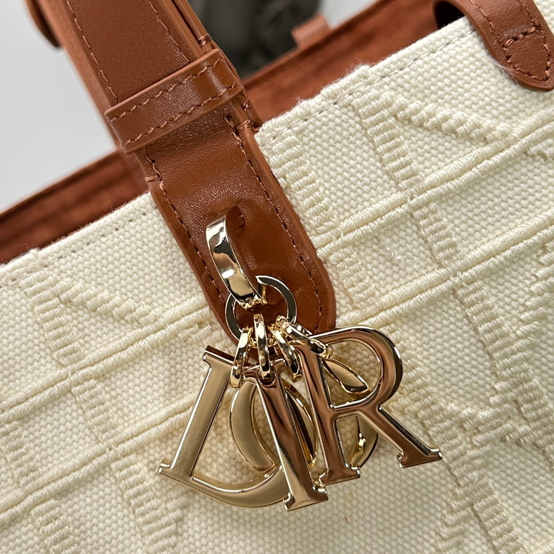 Dior Beige Cannage Quilted Canvas Handbag with Brown Leather Top Handles