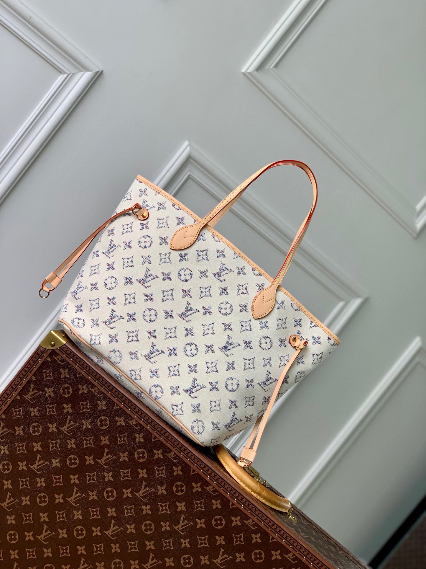 Louis Vuitton Cream Monogram Canvas Shoulder Tote Bag with Leather Straps