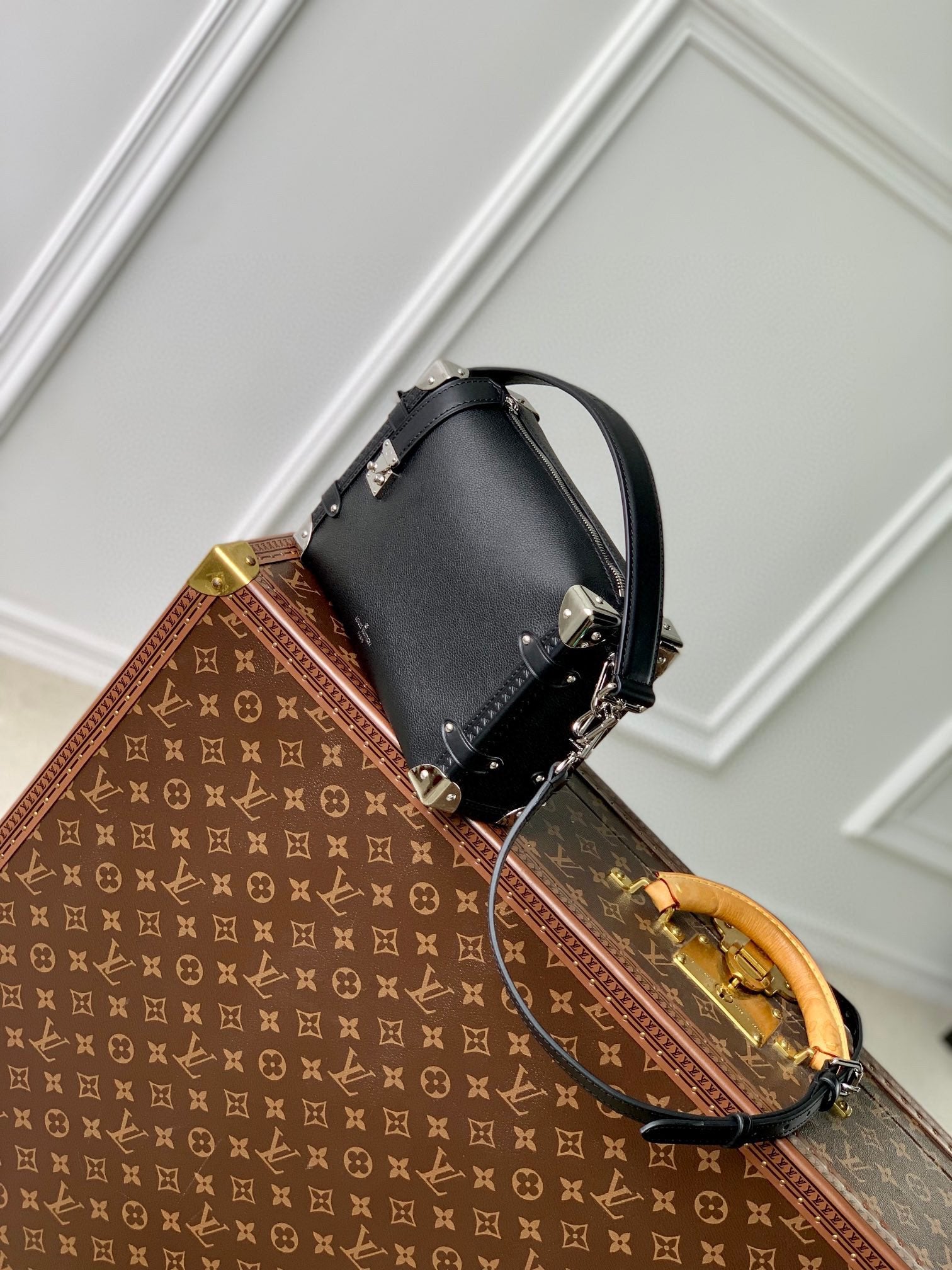 Louis Vuitton Black Leather Trunk Shoulder Bag with Silver Metal Corners