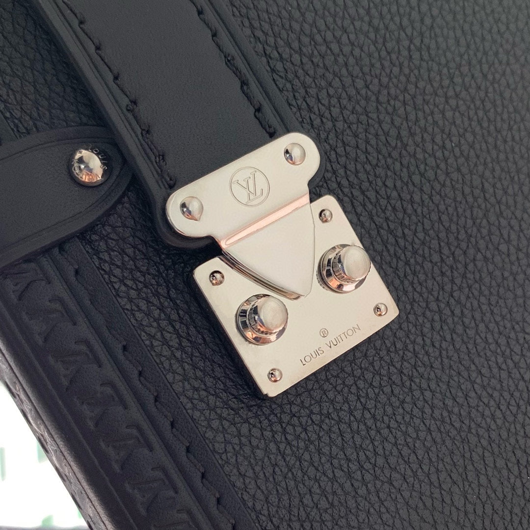 Louis Vuitton Black Leather Trunk Shoulder Bag with Silver Metal Corners