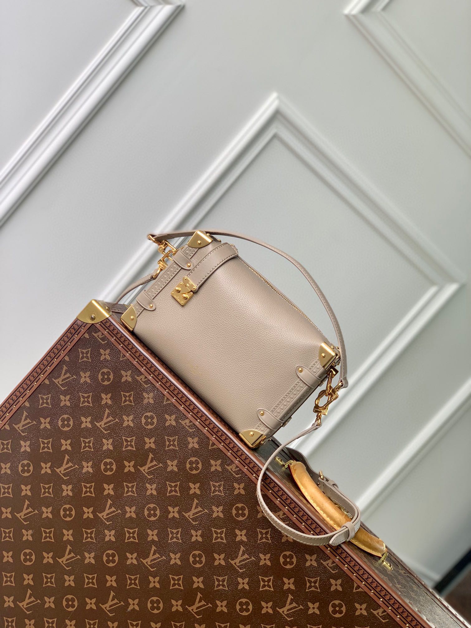 Louis Vuitton Structured Light Pink Leather Trunk Crossbody Bag with Gold Accents