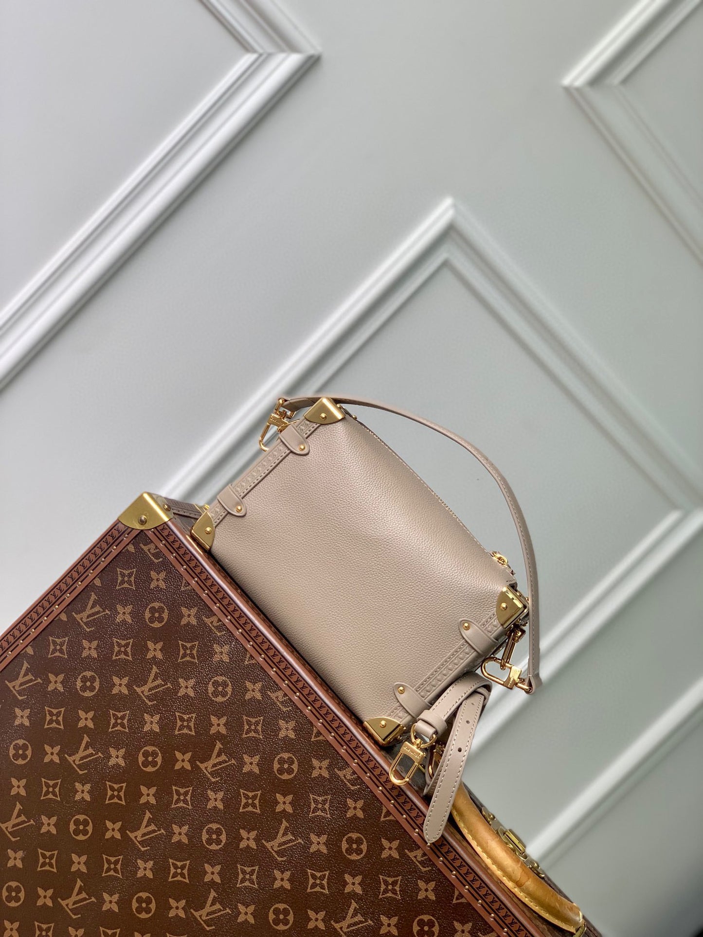 Louis Vuitton Structured Light Pink Leather Trunk Crossbody Bag with Gold Accents